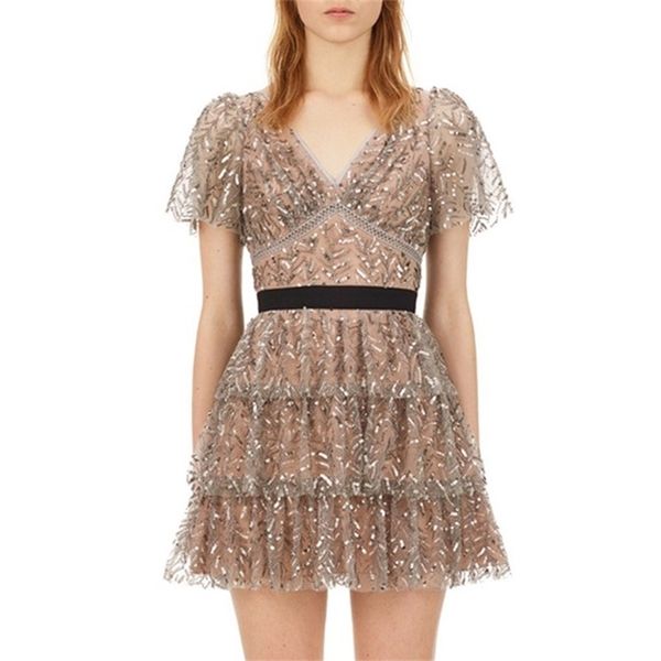 

chic beach holiday lace hollow out mesh cake dress summer women v-neck sequins vestidos mini dresses 210603, Black;gray