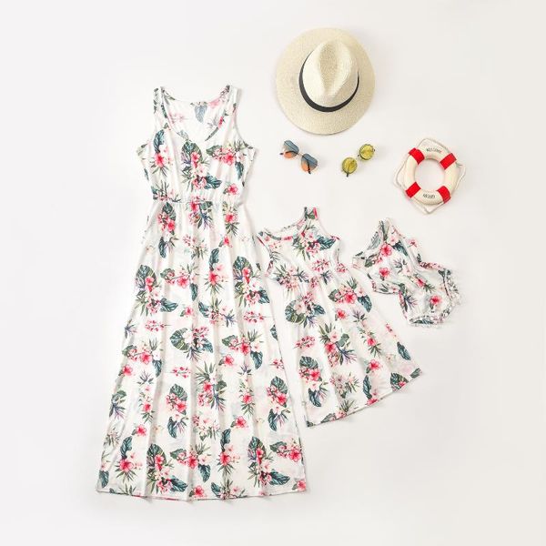 

family matching outfits flower printed sleeveless dresses mommy and me clothes mom mum baby rompers look women girl dress, Blue