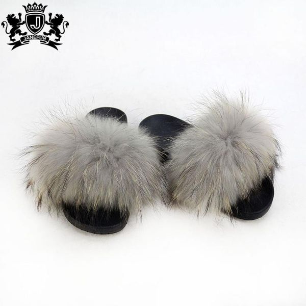 

janefur women cozy gray set real raccoon the fur slippers, Black