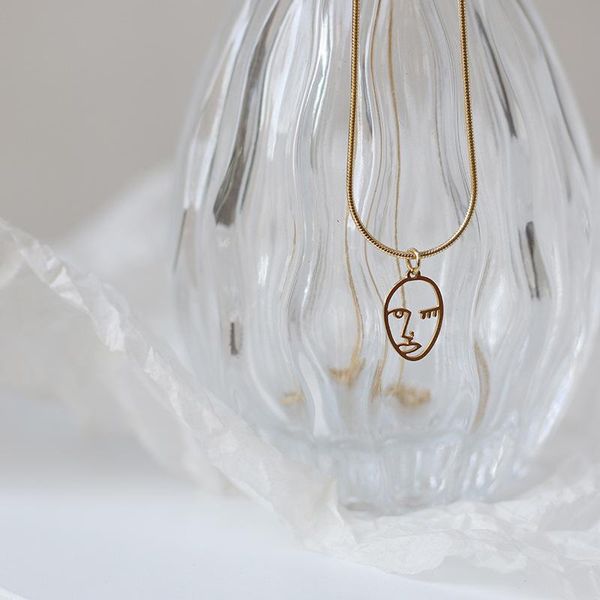 

100% 316l stainless steel hollow face charm necklace for women gold metal choker snake chain collares collier femme pendant necklaces, Silver