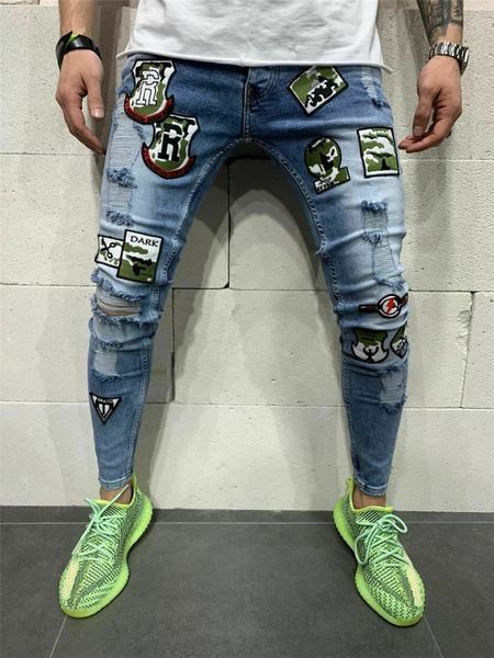 

men's mens designer jeans holes light washed pencil pants casual slim mid waist zipper fly male denim trousers, Blue