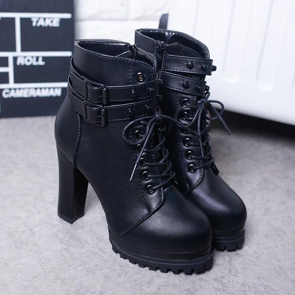 

boots women ankle ladies high heels fashion 2021 female autumn winter footwear pumps buckle strap woman, Black
