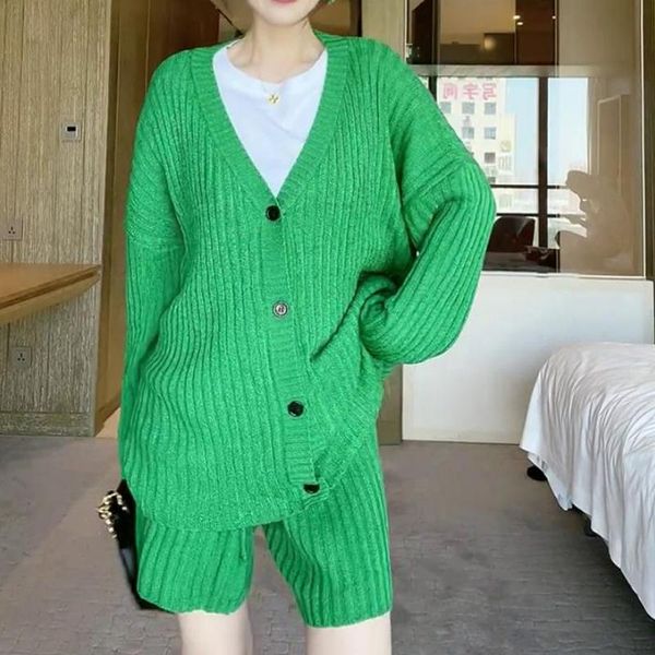 

women's tracksuits 2021 women autumn knitted two piece set v neck oversize single breasted sweater cardigan with elastic high waist sho, Gray