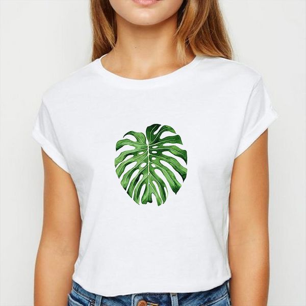 

leaves and cactus ulzzang women spring summer ropa mujer easy matching show thin round neck shirts, White