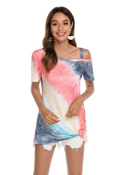 

women's t-shirt print gradient slant shoulder short sleeve women summer hem kink o-neck femme tshirt, White