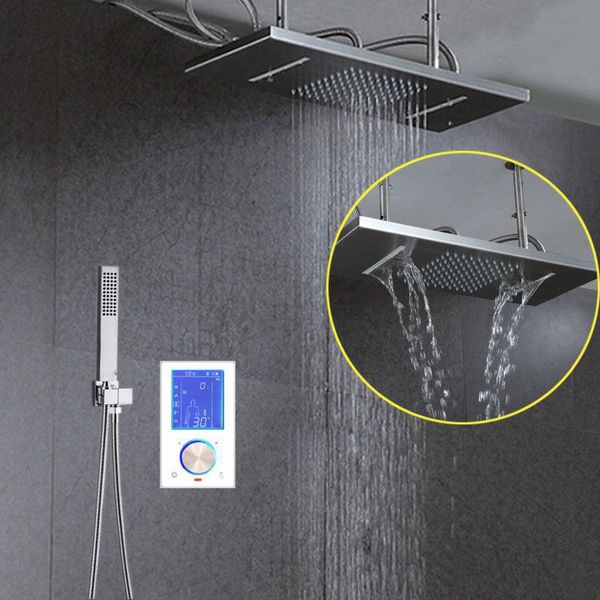

digital display shower set intelligent thermostatic system mixing valve rectangle 55*23cm head rainfall waterfall bathroom sets