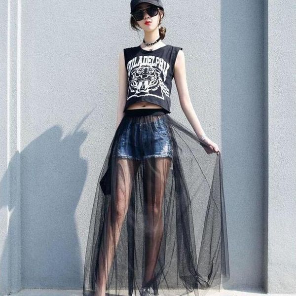 

skirts summer mesh anti-mosquito black skirt women chiffon mid length korean style see through clothes