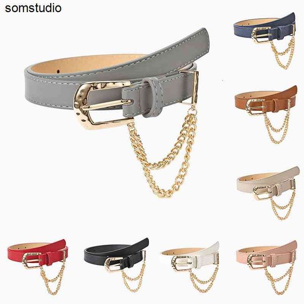 

jeans waistbands chain decorative waist belt women inlaid chain alloy pin buckle faux leather solid color leather belt, Black;brown
