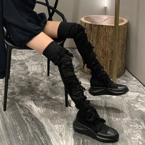 

boots luxury design over-the-knee modern 2021 autumn winter women shoes black platform high riband slip-on sapato feminino