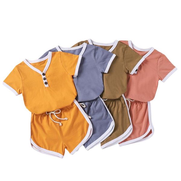 

clothing sets childrens t-shirt and shorts set fashion solid color button short sleeve bandage pants kids summer trip 3 -4 y, White