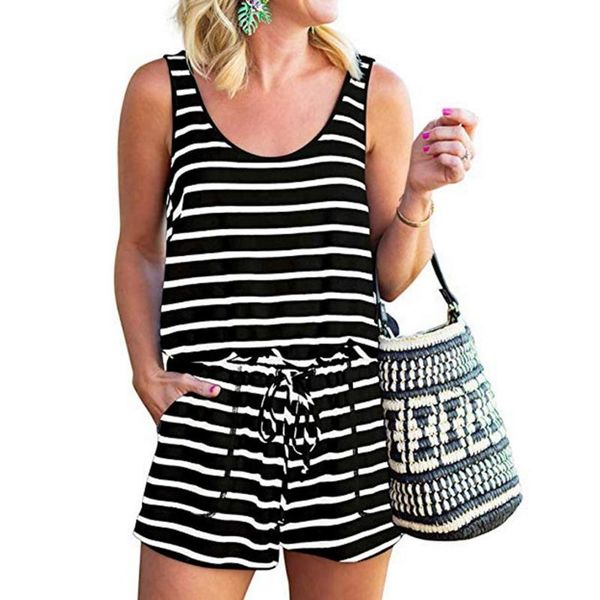 

women's jumpsuits & rompers lugentolo bodysuit tights europe and the united states summer fashion knit striped vest strap jumpsuit shor, Black;white