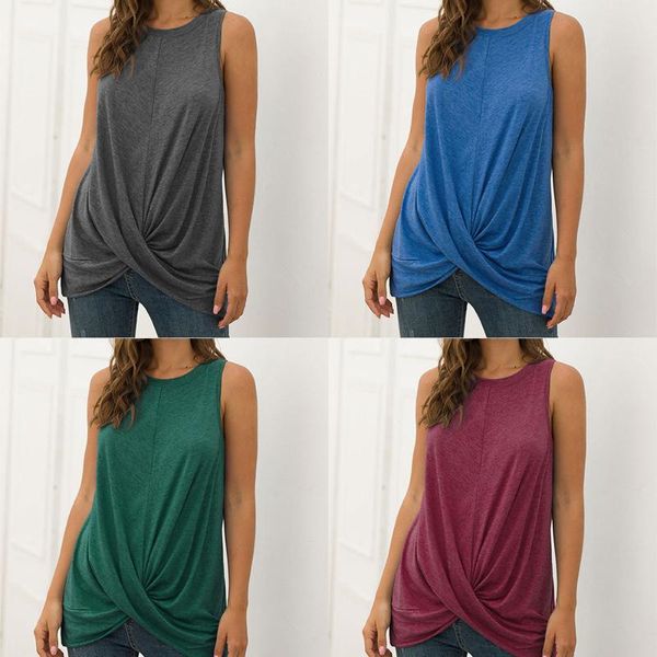 

women's t-shirt 2021 summer european and american style casual o-neck sleeveless pleated stitching top, White