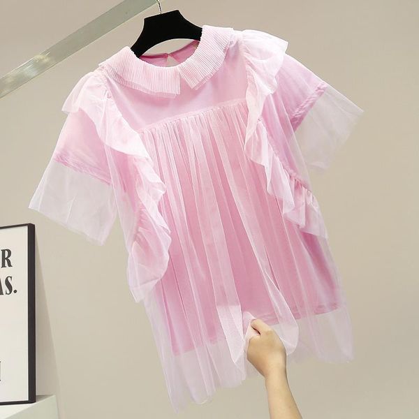 

fashion new design patchwork ruffles mesh o neck solid casual summer t-shirts women 210421, White