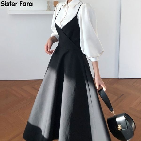 Sister Fara Frühlingskleid für Damen, einreihig, Laternenärmel, Hemd-Set + Leibchen, Schleife, plissiert, solide Kleider 220311