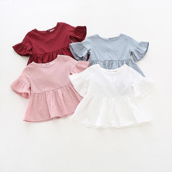 

1 4yrs baby girl solid clothes t shirts leaf sleeve shirt summer cotton, Blue