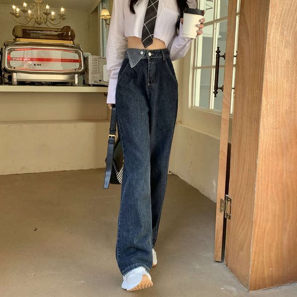 

autumn wide leg design high waist thin blue pants