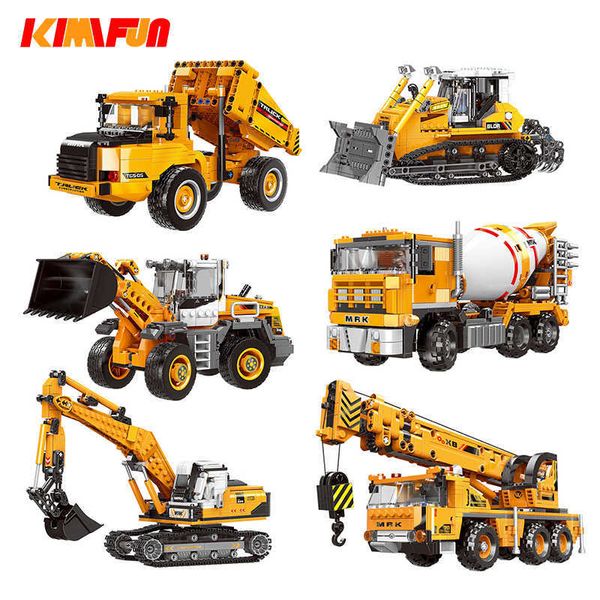 Ingegneria Bulldozer Gru di Lavoro Betoniera Camion Auto Building Block City Costruzione Giocattolo Blocco Compatibile Q0624