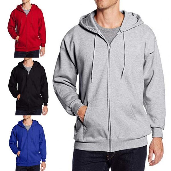 

men's hoodies & sweatshirts hooded long sleeve men jacket drawstring zipper closure solid color casual sweatshirt male clothing, Black