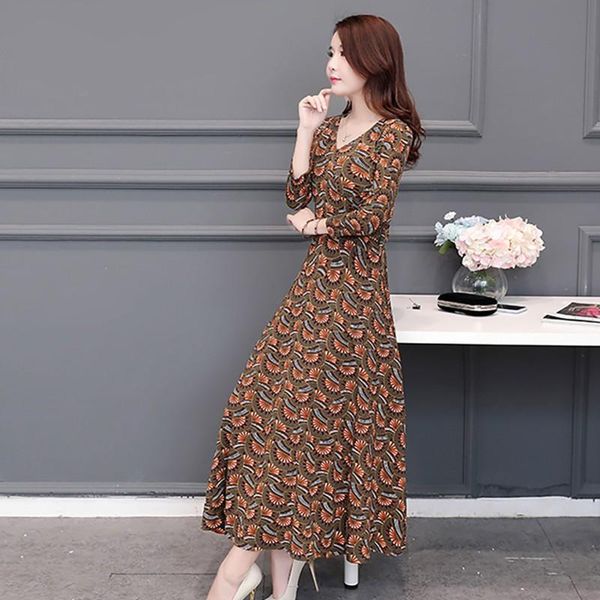 

autumn winter elegant women v-neck slim dress temperament bottoming long sleevefloral casual dresses, Black;gray