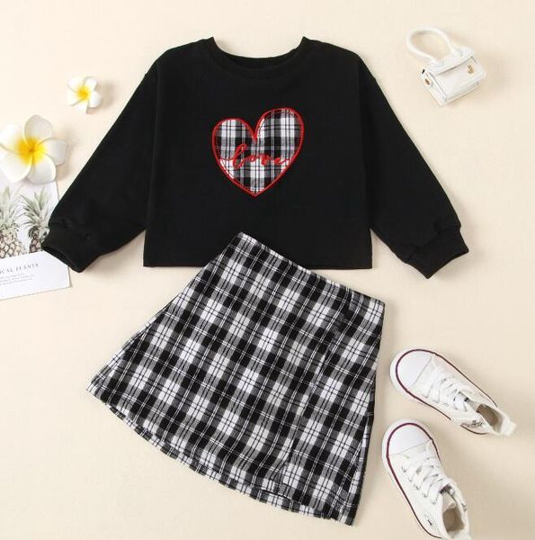 

clothing sets girl's set, plaid heart print long sleeve and skirt two-piece suit for vacation birthday party, White