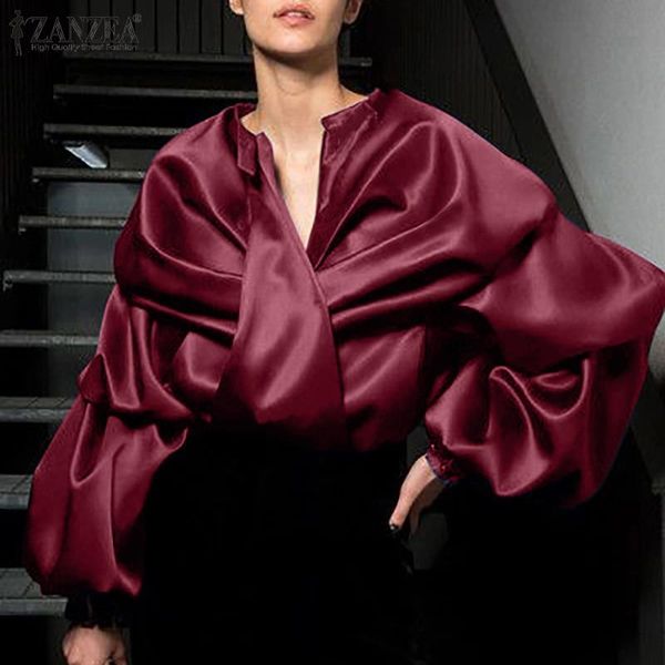 

women's blouses & shirts 2021 spring long puff sleeve blouse zanzea fashion satin shirt women solid work ol pleated tunic chemise blus, White