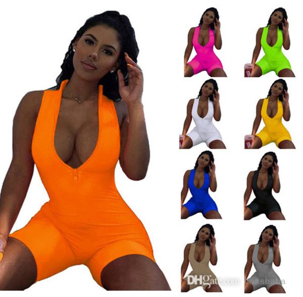 

women jumpsuits summer fashion short sleeve v-neck zipper solid color slim rompers clothing, Black;white