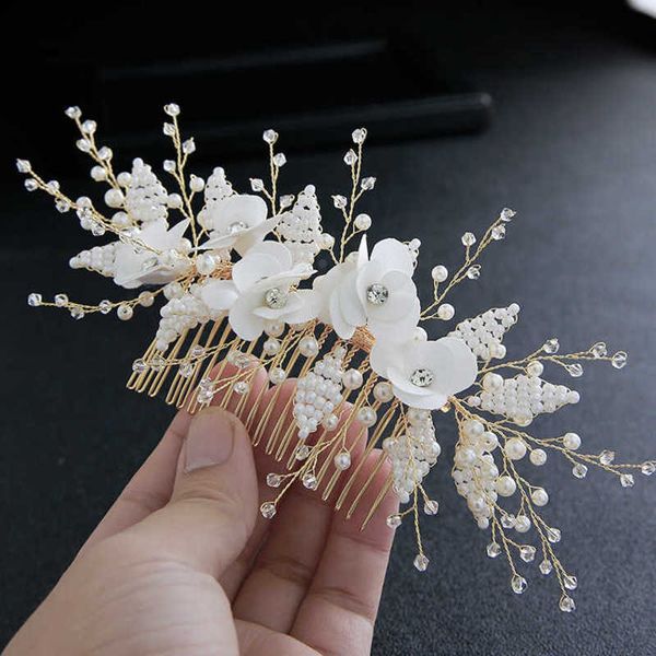 

pure handmade pearl beaded headdrs comb bridal drs accsori, Golden;silver