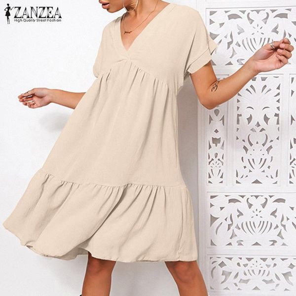 

casual dresses work robe elegant ruffles kaftan vestidos fashion summer sundress zanzea women v neck short sleeve solid dress oversize, Black;gray