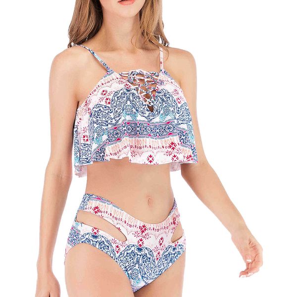 

women's swimwear 2021 with ruffle printed bikini high waisted swimsuit, White;black