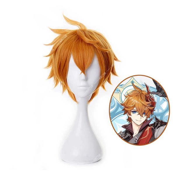 Genshin Impact Tartaglia cosplay curto marrom resistente ao calor sintético Festa de Halloween Party Cosplay Wigs Y0903