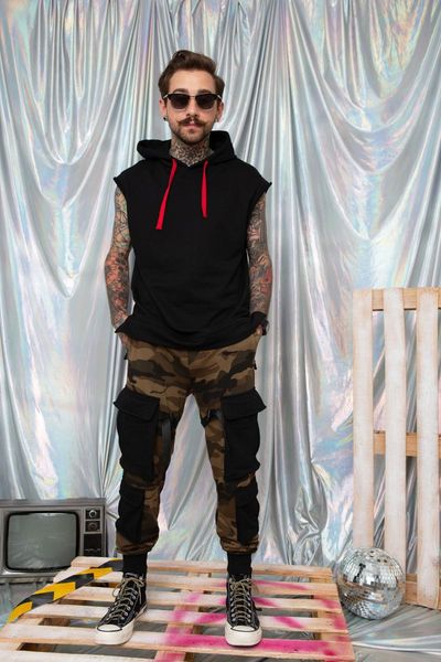 

men's pants hip hop punk elastic waist sport gym cargo harem pencil trouser streetwear military multi pockets tacticle men jogger pant, Black