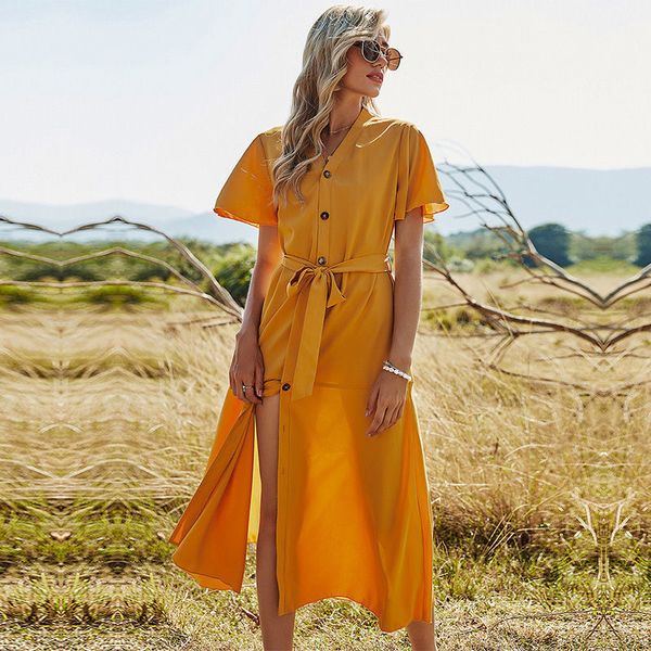 

spring new butterfly sleeve bandage casual solid color v neck elegant button for women 2021 summer dress, Black;gray