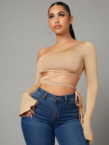 

sxy asymmetrical neck cut out tie side flounce sleeve crop 79qs#, White