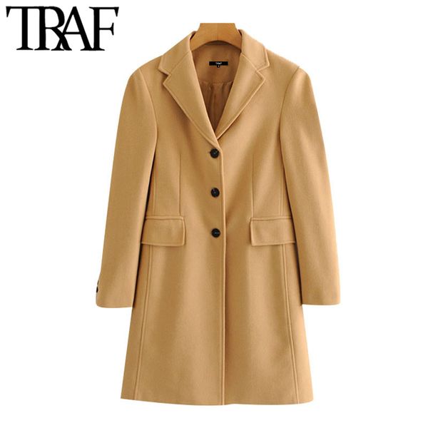 

traf women fashion single breasted jackets woolen coat vintage long sleeve back vents female outerwear chic overcoat 210415, Black