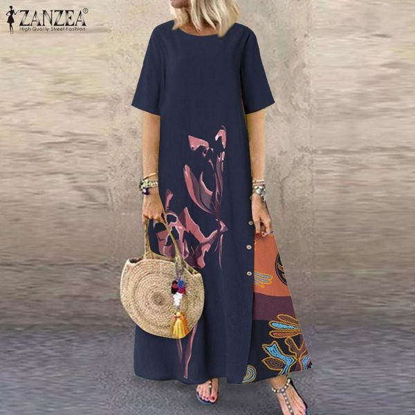 

casual dresses bohemian floral printed sundress women summer short sleeve patchwork dress zanzea plus size vintage vestidos kaftan femme rob, Black;gray