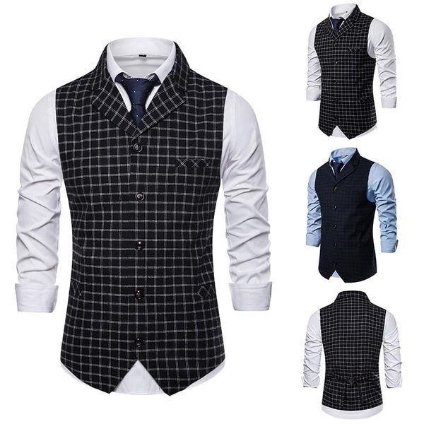 

men's vests brand waistcoat men 2021 smart casual british style singlet breasted plaid vest business slim fit gilet sleeveless jacket, Black;white