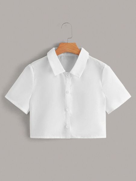 

button placket solid crop blouse g1bh#, White