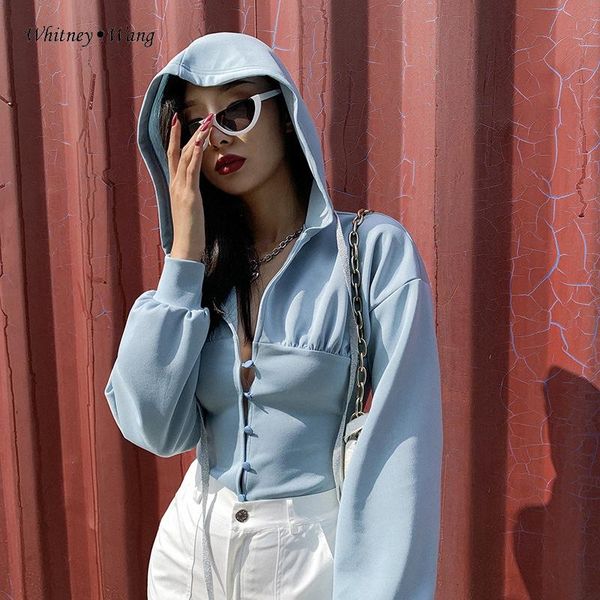 

women's hoodies & sweatshirts whitney wang 2021 spring fashion streetwear buttons slim hooded sweatshirt women pullover, Black