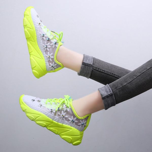 

women's shoes fashion round toe mesh rhinestone flowers sneakers lace-up casual single all-match white dress, Black