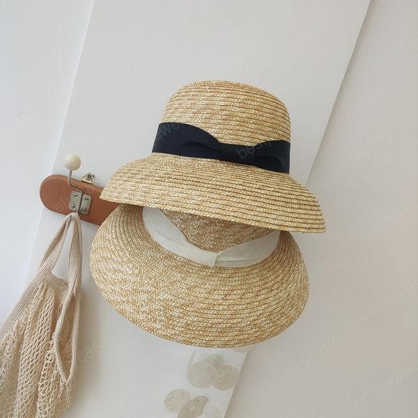 2021 Moda Mulheres Verão Chapéu Flequeiro Chapéu De Palha De Trigo Com Fita Branca Preto Sun Hats UV Proteção Beach Cap