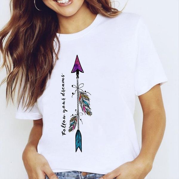 

graphic cartoon feather arrow womens t shirt vintage short sleeve summer spring clothes tees print female, White