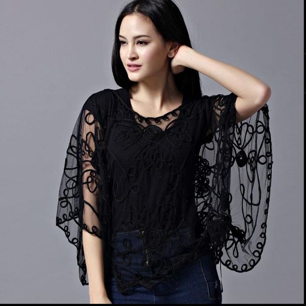 

summer casual loose oversized women sweaters thin mesh embroidery floral batwing cloak cape see through lace poncho jacket feminino, White;black
