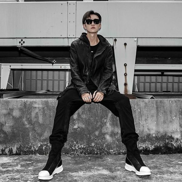 

boots harajuku high street men slip on hosiery leather patchwork thick bottom increase male casual sport platform, Black