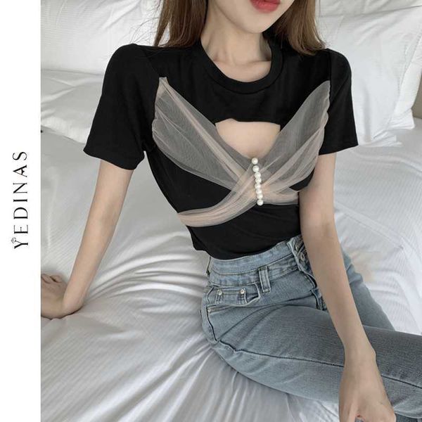 

yedinas hollow out mesh patchwork pearl decoration t-shirt women chic fashion t shirt designer summer e girl streetwear 210527, White