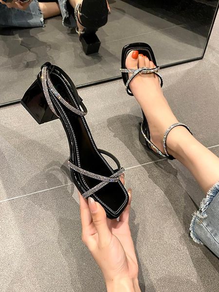 

sandals beige heeled buckle strap clear shoes square toe 2021 summer black block high girls rhinestone comfort solid scandal