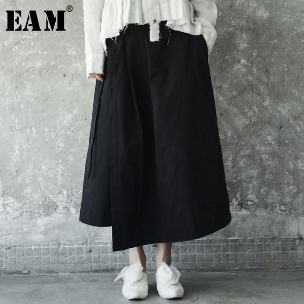 

skirts [eam] 2021 summer solid color high waist black side bandage loose half-body skirt women fashion tide all-match je81101