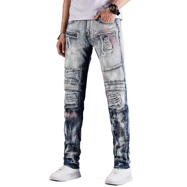 

men's jeans moto biker men feaded distressed male vintage slim fit stretch hip hop ripped pants patchwork destroyed trousers, Blue