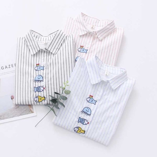 

fashion women school shirt white blue ladies blouses long sleeve female office fish embroidery blouse 210601