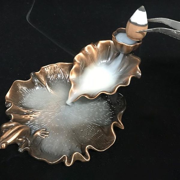 

fragrance lamps creative metal frog fish backflow incense burner buddhist lotus leaf waterfall cone censer home office yoga meditation aroma