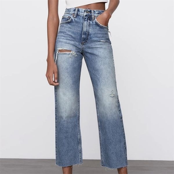 

za women ripped straight leg jeans washed full length high waist mom denim pants pocket hole wide-legged trousers ladies 210809, Blue